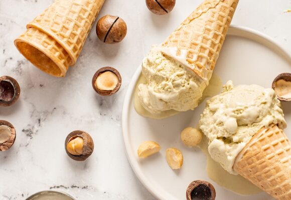 Macadamia nuts and macadamia ice cream in cones